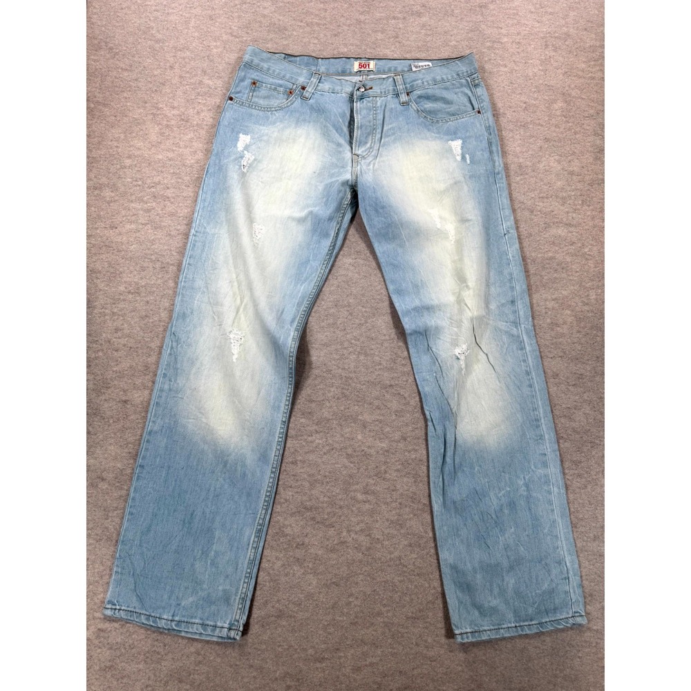 Levi's 501 Jeans Mens 36x34 Light Blue Denim Distressed Straight Leg Button Fly